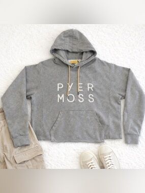 Pyer Moss Cropped Logo Hoodie Gray Pullover Streetwear Designer Oversized Small